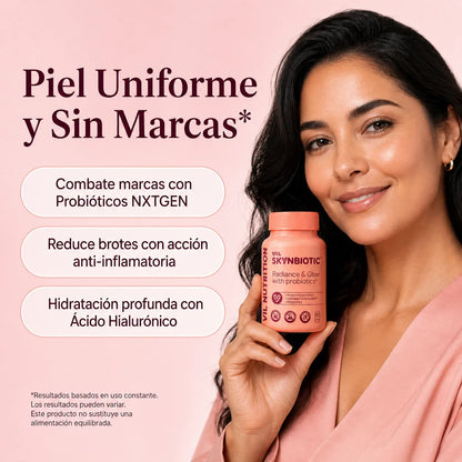 Skynbiotic combina probióticos + colágeno + ácido hialurónico para combatir marcas, brotes y manchas de tu piel.