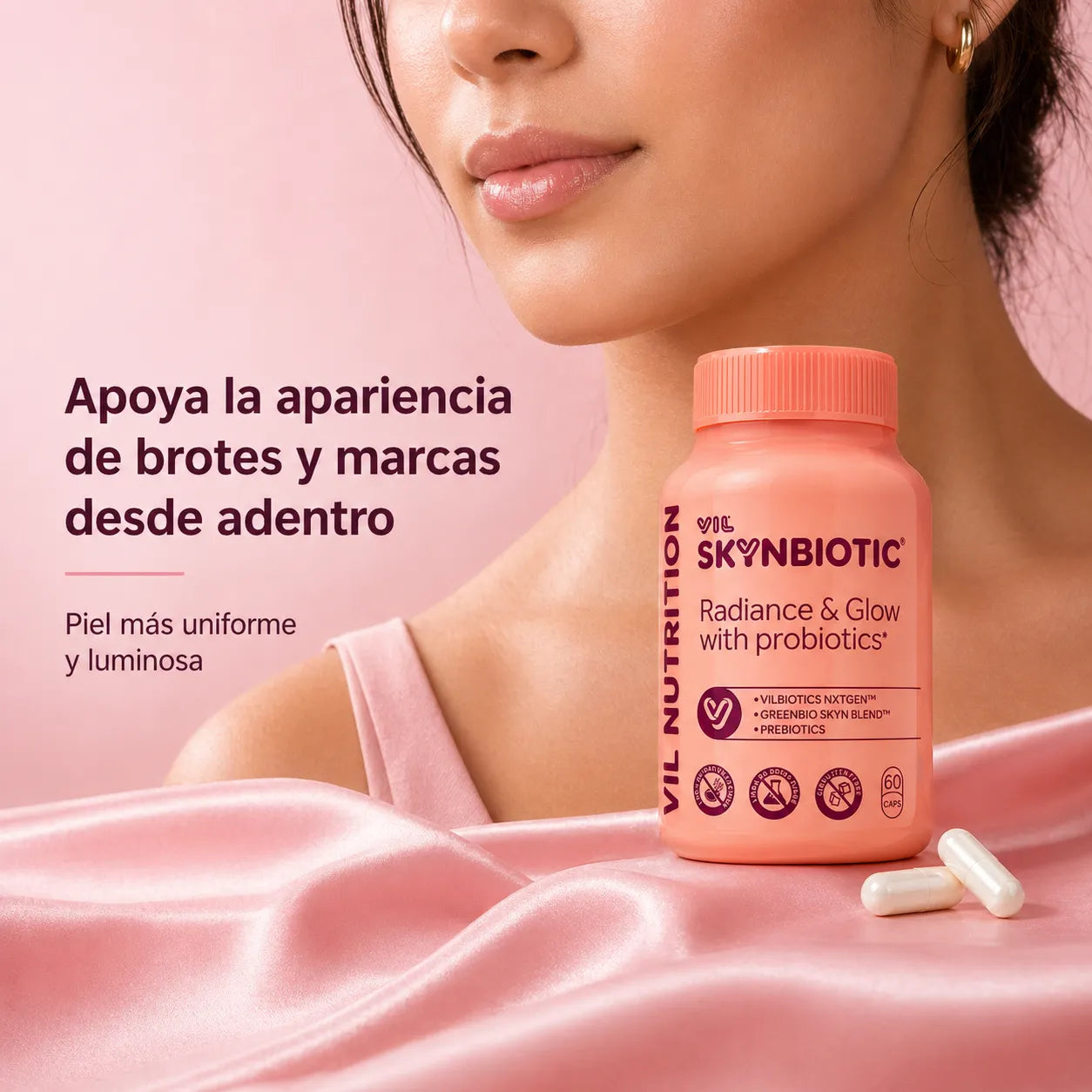Skynbiotic combina probióticos + colágeno + ácido hialurónico para combatir marcas, brotes y manchas de tu piel.