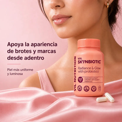 Skynbiotic combina probióticos + colágeno + ácido hialurónico para combatir marcas, brotes y manchas de tu piel.