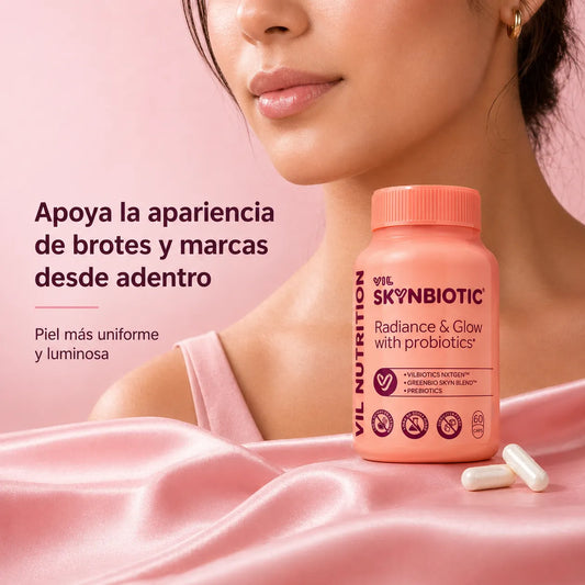 Skynbiotic combina probióticos + colágeno + ácido hialurónico para combatir marcas, brotes y manchas de tu piel.